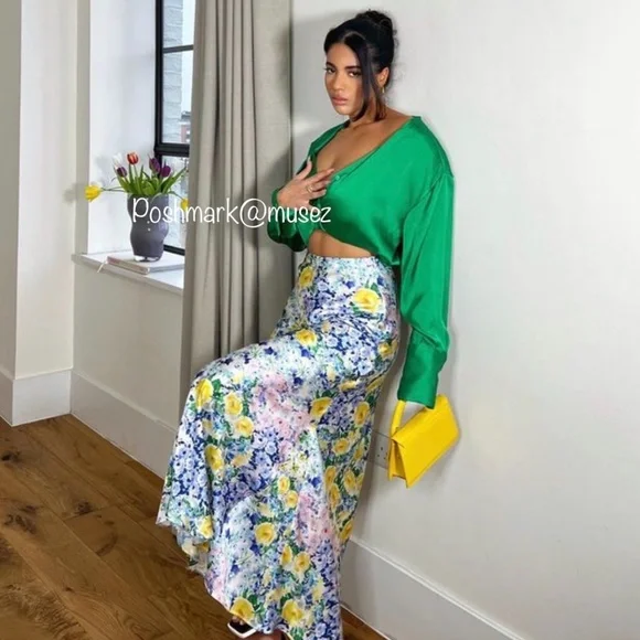 Floral Long Silk Skirt Zara Zara Floral Print Silk Midi Skirt
